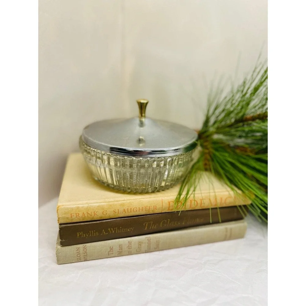 MCM Pressed Glass Toiletry Cotton Ball Candy Dish Chrome Brass Lid 6x4